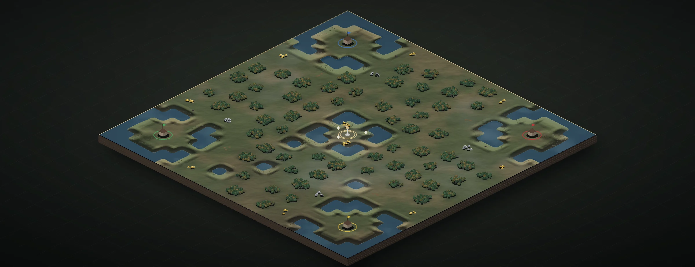 Drawing of Drowned Crossings for four players: four island starts ringed by deep water, open bog with scattered woods and pools between them, and the Heart island at the centre with gold, relics and the sacred site.