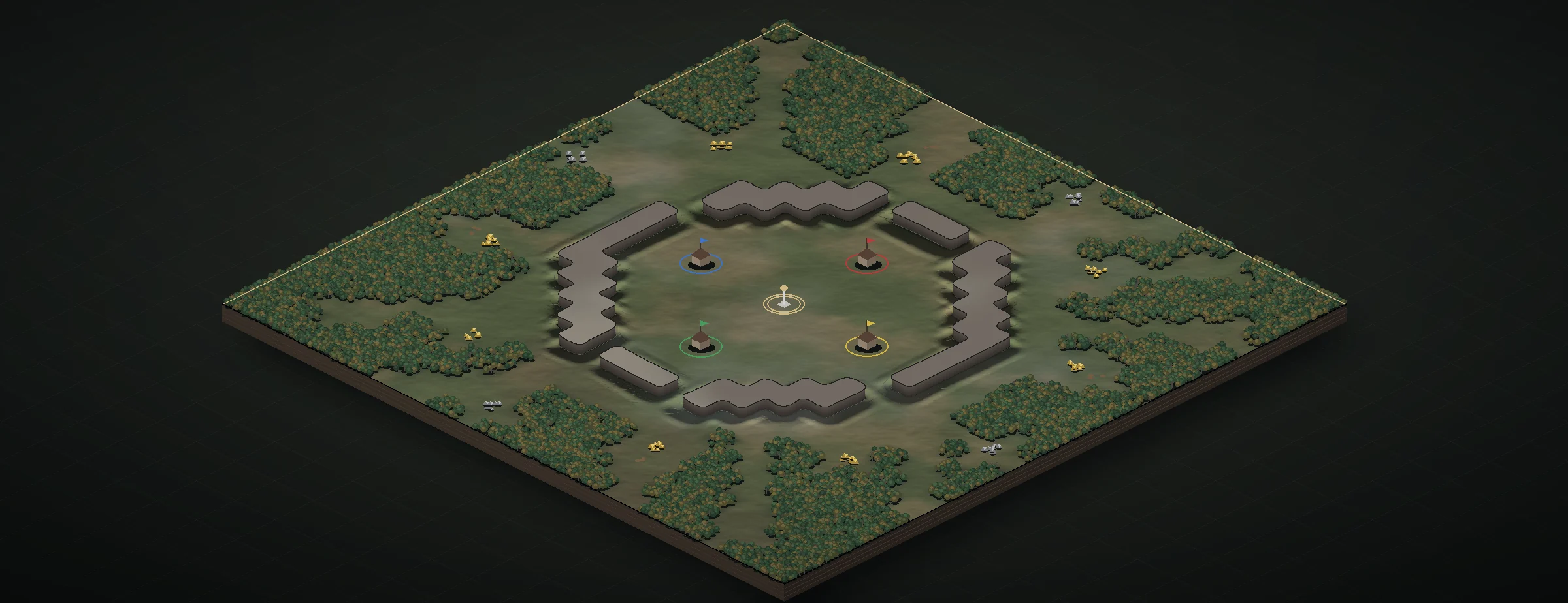 Drawing of The Last Bastion for four players: four starts inside a ring of cliff walls with gates, the sacred site in the central square, open ground with gold and stone outside the walls, and dense forest to the map edge.